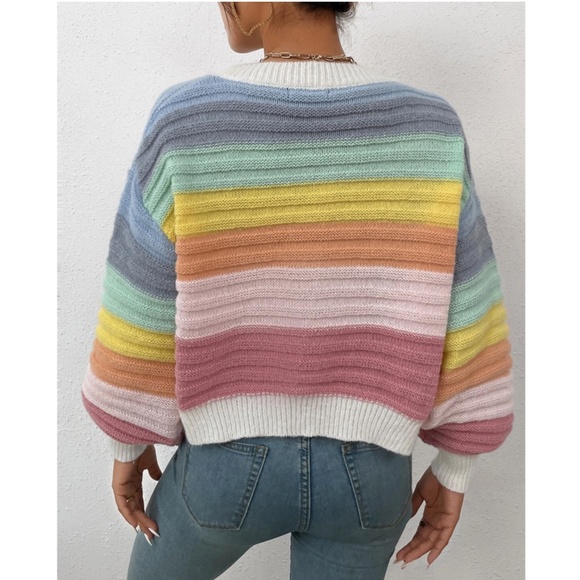 Rainbow Colors Fun Knit Cardigan Sweater Button Front V-Neck - Picture 5 of 10